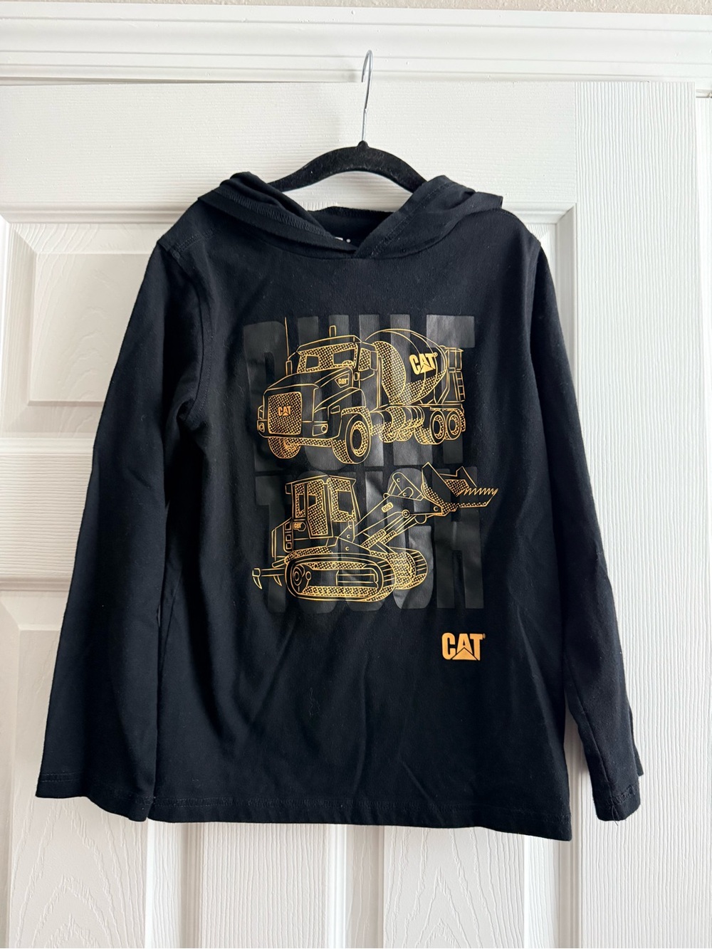 CAT Kids' Black Hooded Long Sleeve Shirt with Gold Construction Graphic
